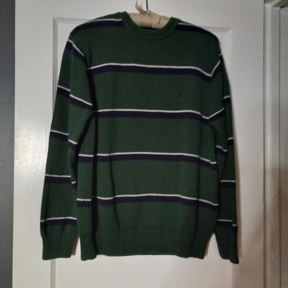 NAUTICA Men's Dark Green Striped Crew Neck Cotton Sweater Size XXL